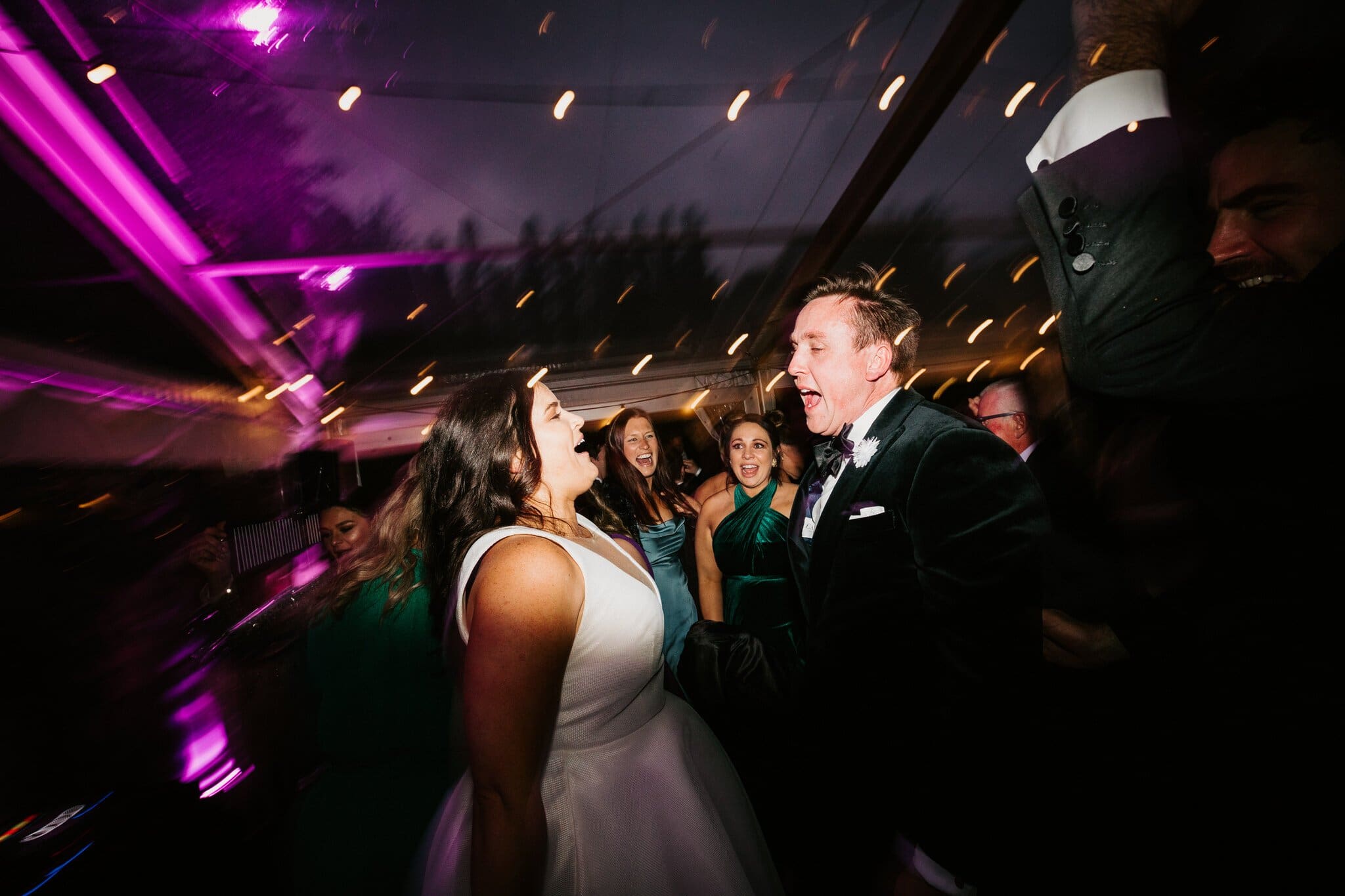 Bride And Groom Dancing In Marquee With Guests At Willow And Stone Estate Ballarat