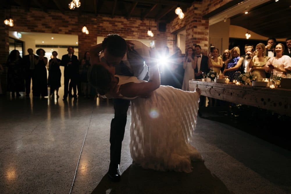 Bride And Groom Dip During First Dance At Coombe Yarra Valley Wedding Reception